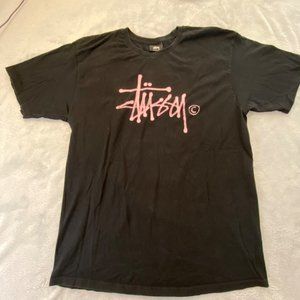 Stussy Mens Black Graphic T Shirt Pink Logo Size Large Surfer Skater Beach